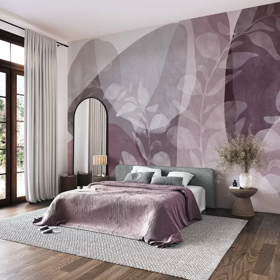 wall murals Апстрактни облици у пригушеним тоновима преклапају се са транспарентним ботаничким елементима, текстурираном уметношћу w09865v1
