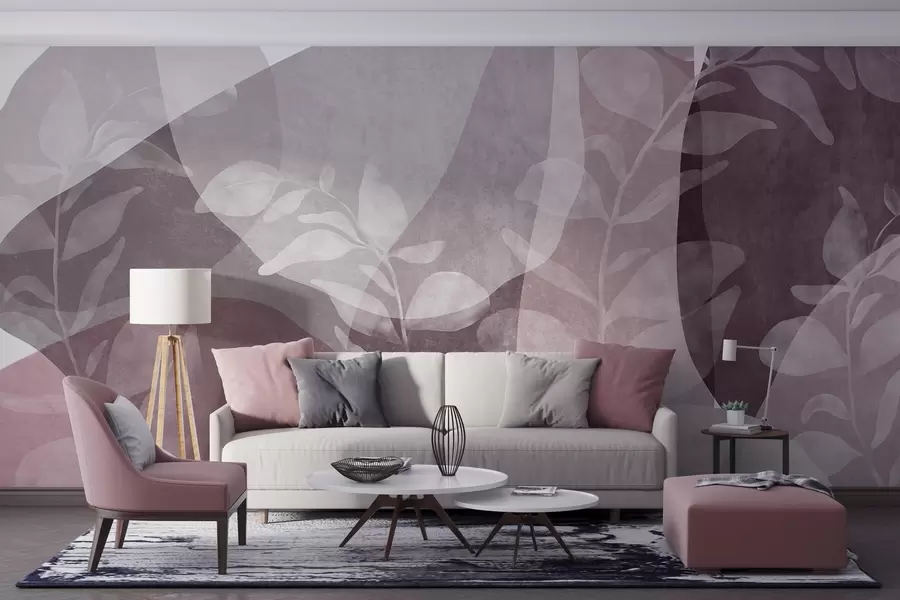 wall murals Апстрактни облици у пригушеним тоновима преклапају се са транспарентним ботаничким елементима, текстурираном уметношћу w09865v1