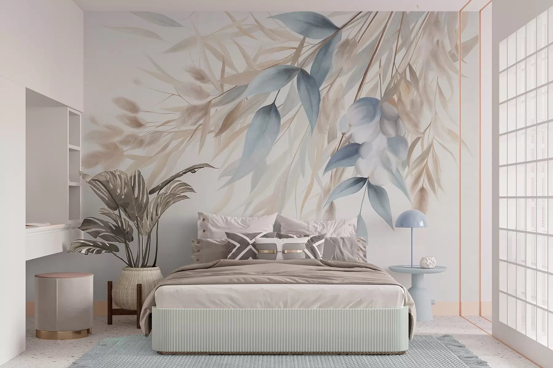 wall murals Текстурирана сушена трава, пампас трава и плаво лишће, осликано у меком, акварел стилу w09868