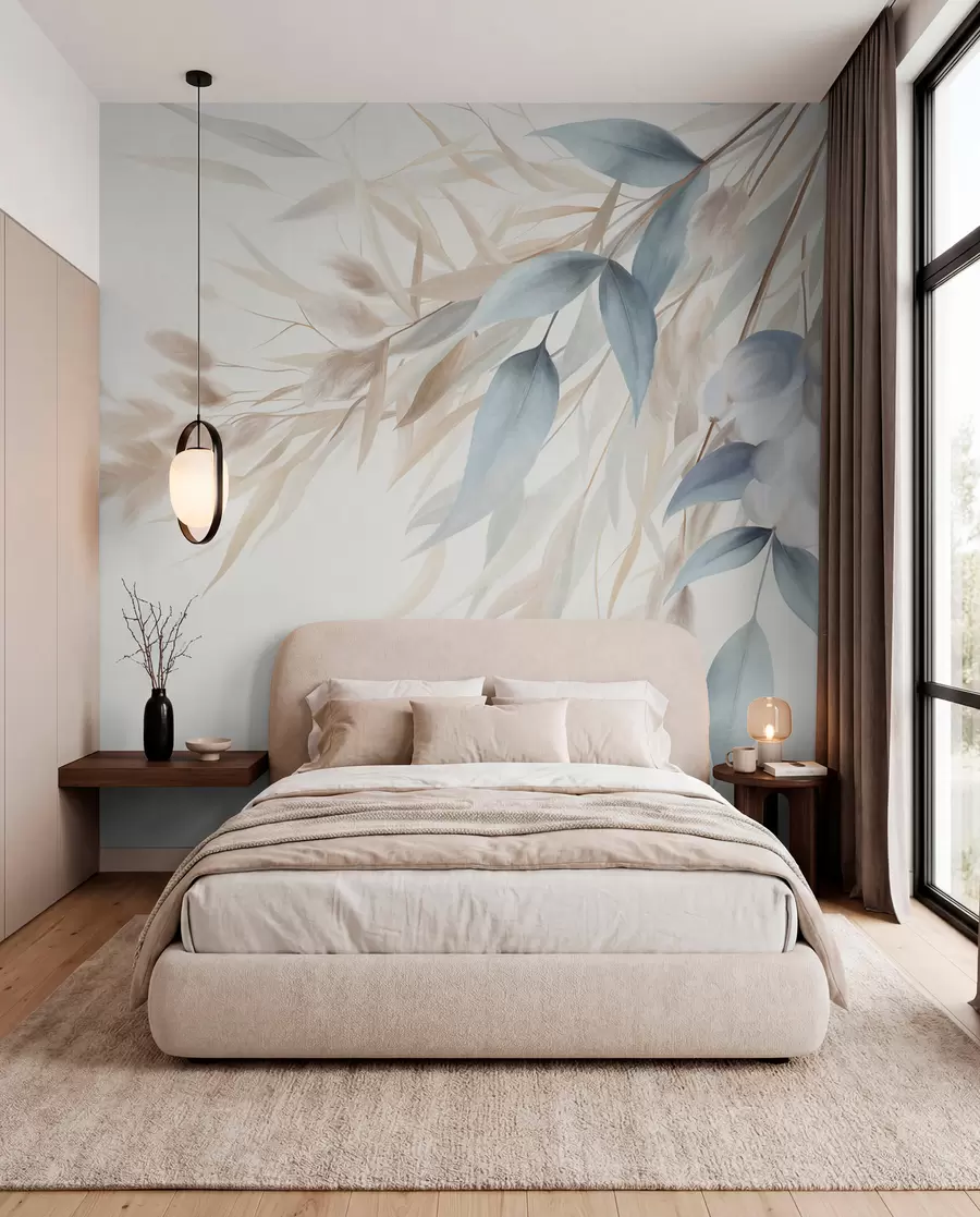 wall murals Текстурирана сушена трава, пампас трава и плаво лишће, осликано у меком, акварел стилу w09868