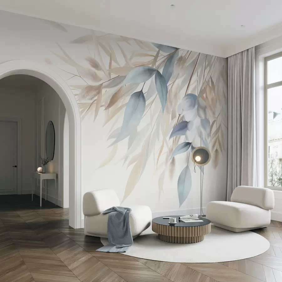 wall murals Текстурирана сушена трава, пампас трава и плаво лишће, осликано у меком, акварел стилу w09868