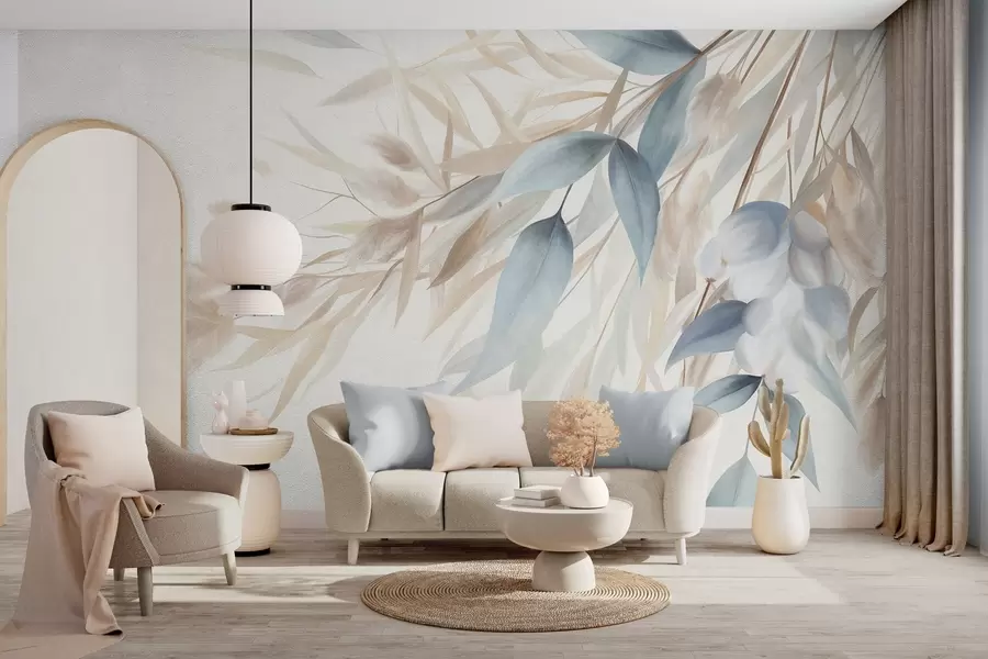 wall murals Текстурирана сушена трава, пампас трава и плаво лишће, осликано у меком, акварел стилу w09868