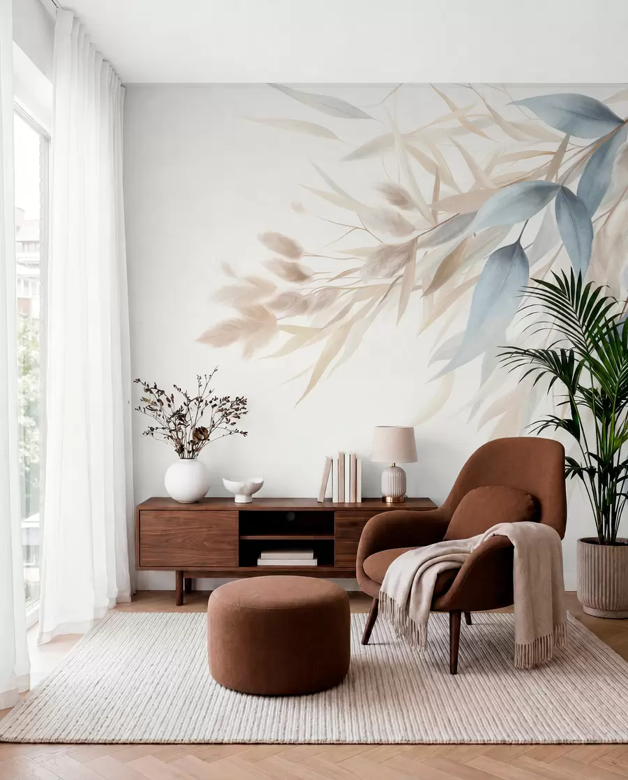 wall murals Текстурирана сушена трава, пампас трава и плаво лишће, осликано у меком, акварел стилу w09868