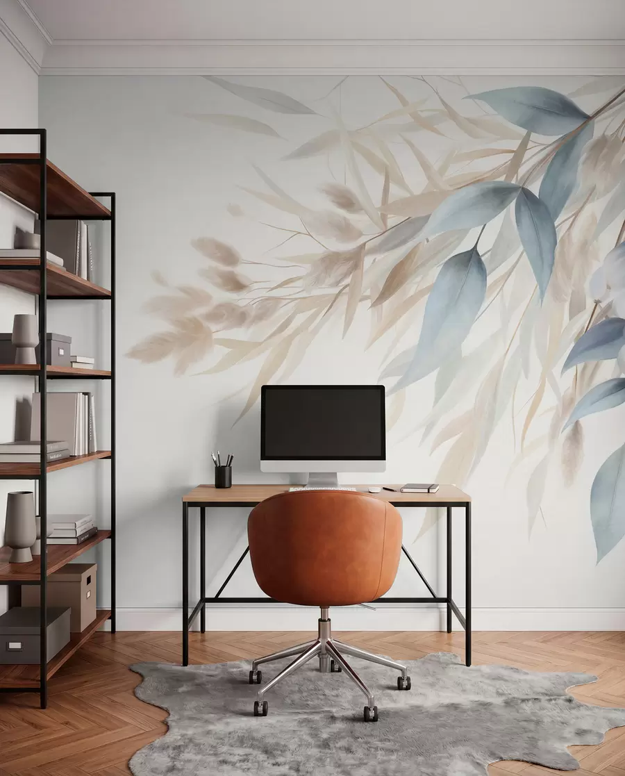 wall murals Текстурирана сушена трава, пампас трава и плаво лишће, осликано у меком, акварел стилу w09868