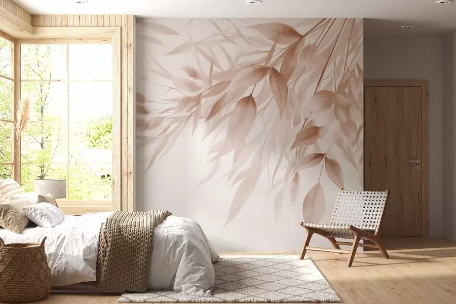 wall murals Текстурирана сушена трава, пампас трава и лишће, осликано у меком, акварел стилу w09868v1