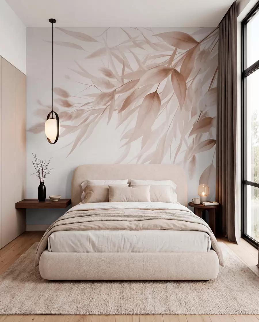 wall murals Текстурирана сушена трава, пампас трава и лишће, осликано у меком, акварел стилу w09868v1