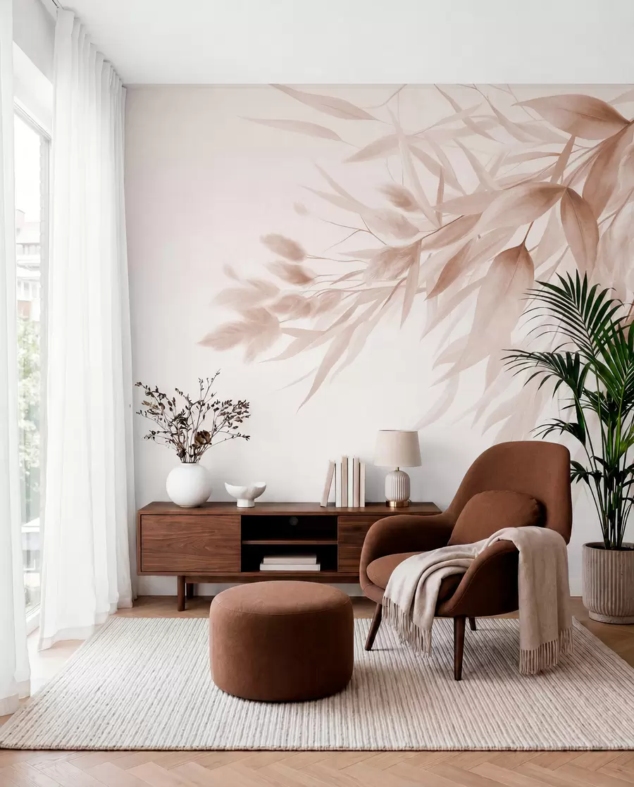 wall murals Текстурирана сушена трава, пампас трава и лишће, осликано у меком, акварел стилу w09868v1