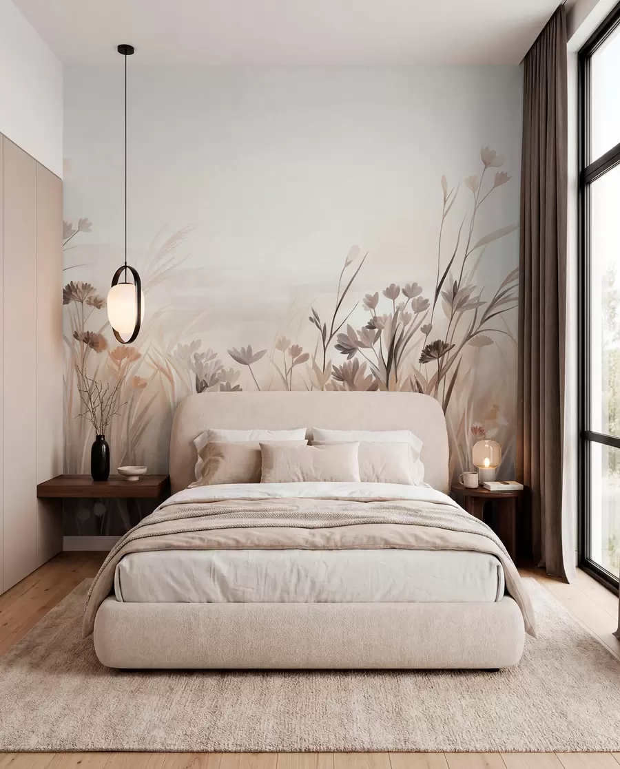 wall murals Поље дивљег цвећа у пригушеним смеђим и беж тоновима, са високим травама и нежним цветовима w09872