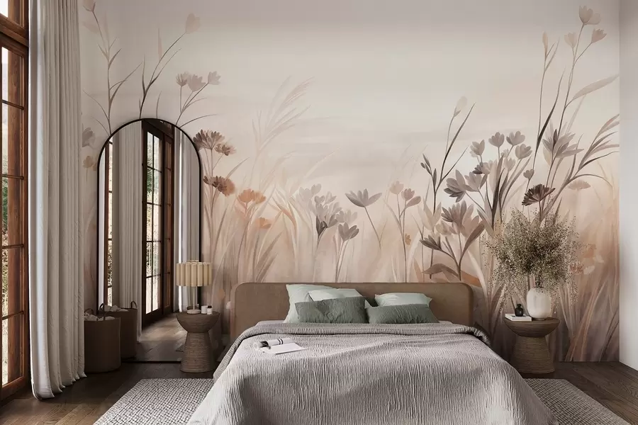 wall murals Поље дивљег цвећа у пригушеним смеђим и беж тоновима, са високим травама и нежним цветовима w09872
