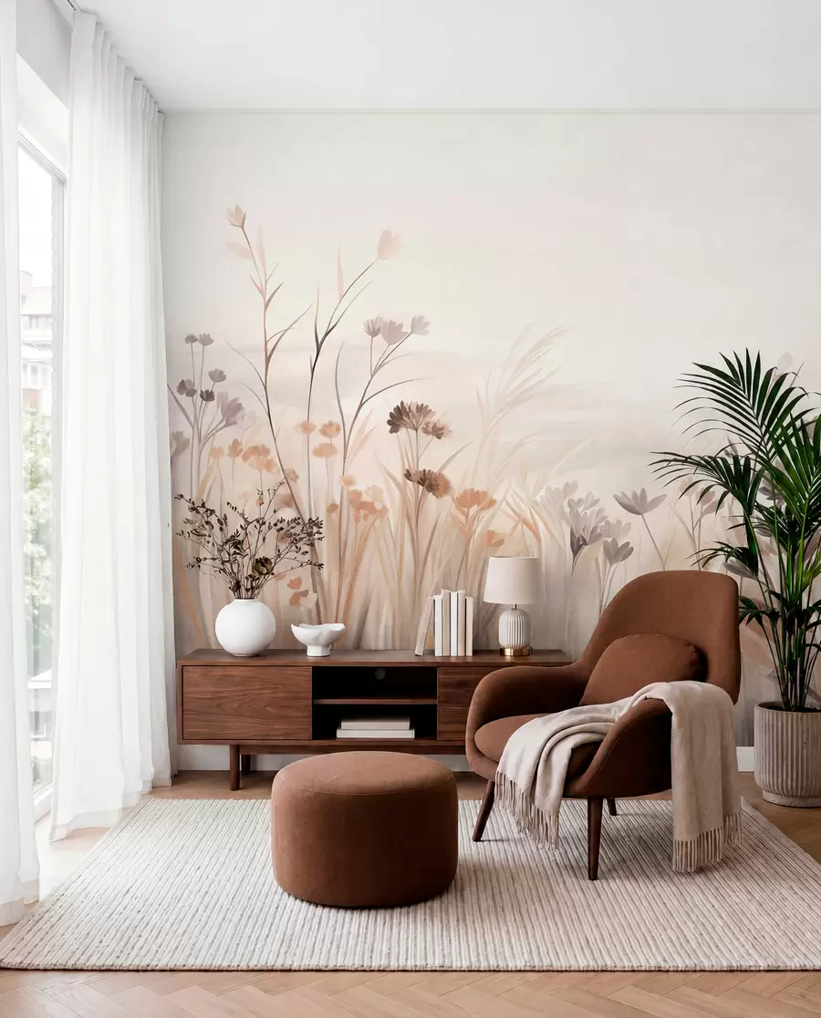 wall murals Поље дивљег цвећа у пригушеним смеђим и беж тоновима, са високим травама и нежним цветовима w09872