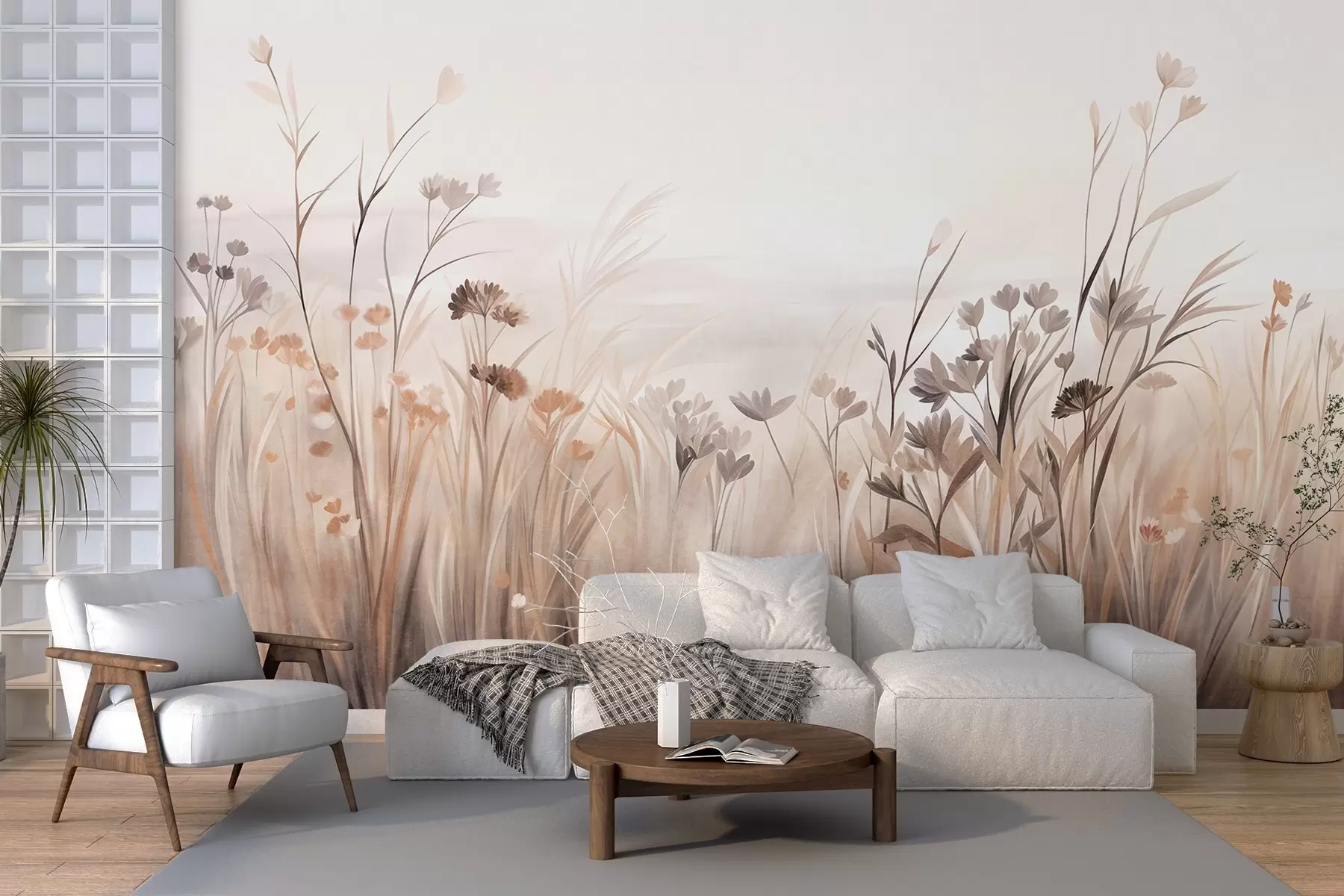 wall murals Поље дивљег цвећа у пригушеним смеђим и беж тоновима, са високим травама и нежним цветовима w09872