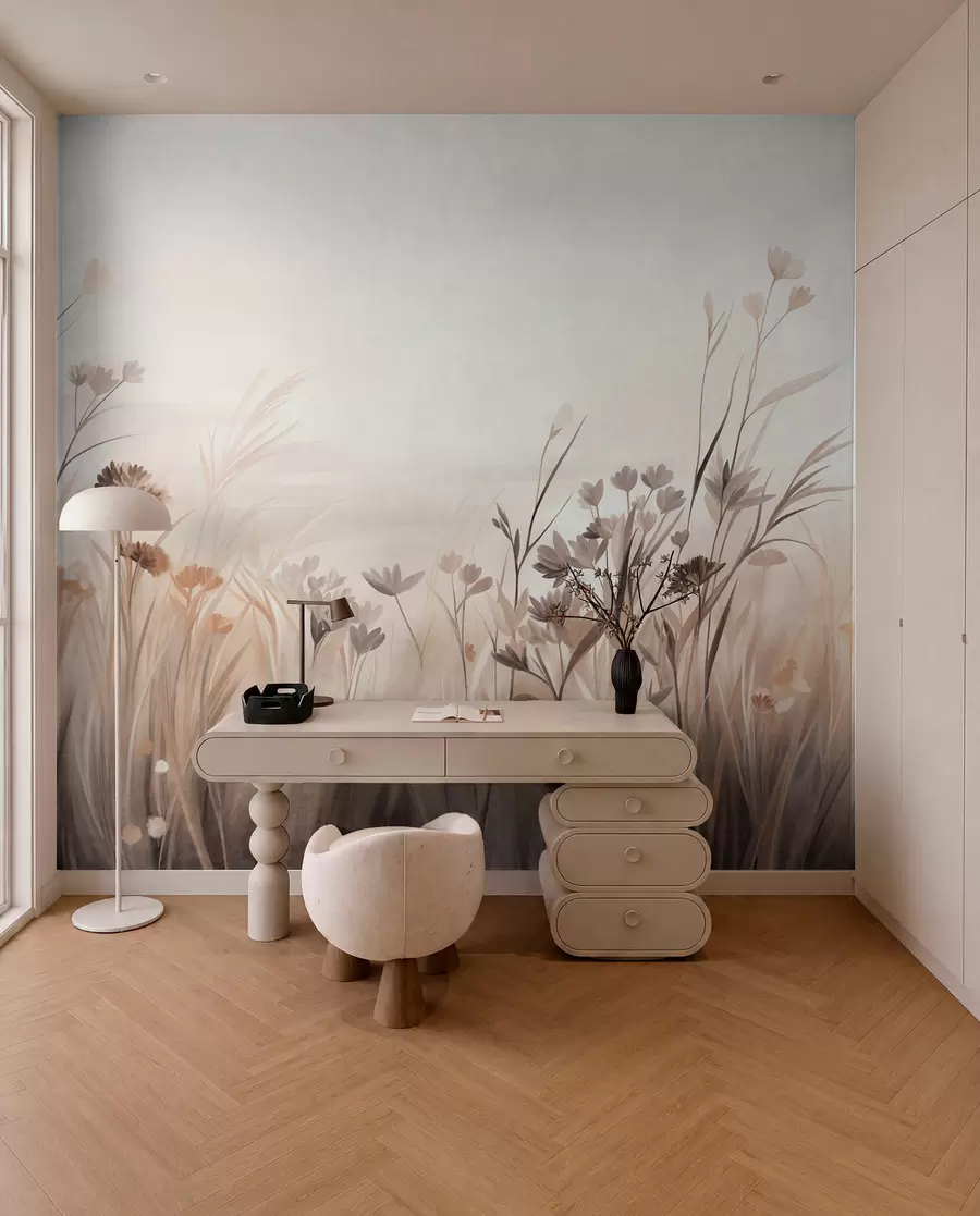 wall murals Поље дивљег цвећа у пригушеним смеђим и беж тоновима, са високим травама и нежним цветовима w09872