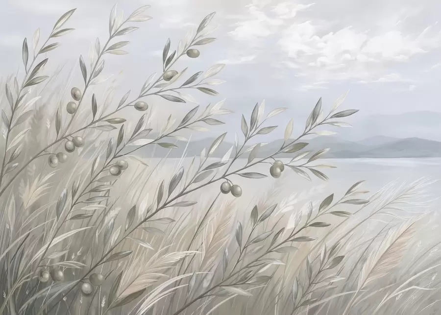 wall murals Маслинове гранчице међу травама поред језера w05536