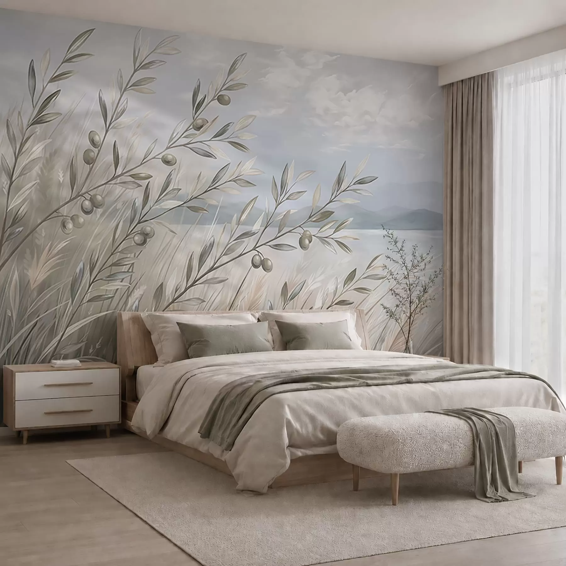 wall murals Маслинове гранчице међу травама поред језера w05536