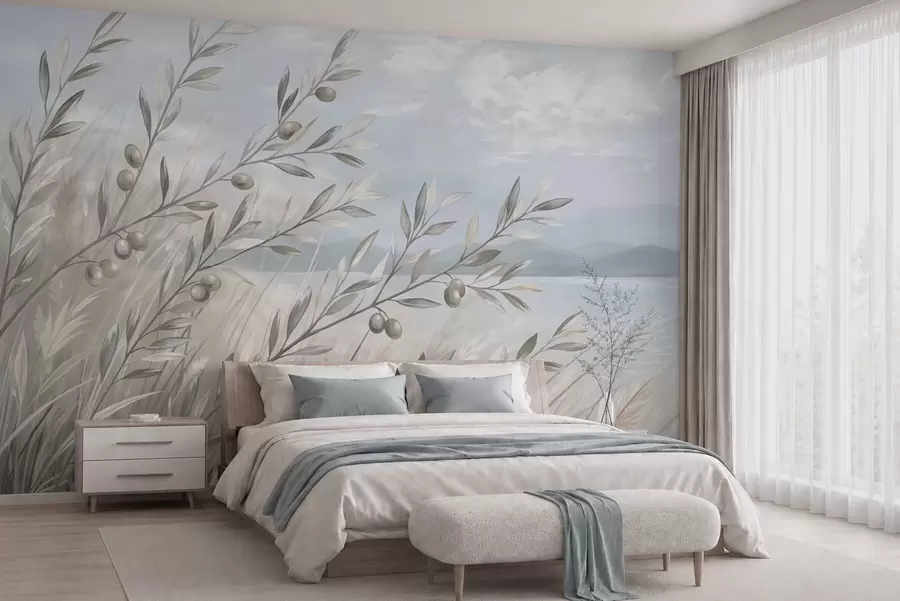 wall murals Маслинове гранчице међу травама поред језера w05536