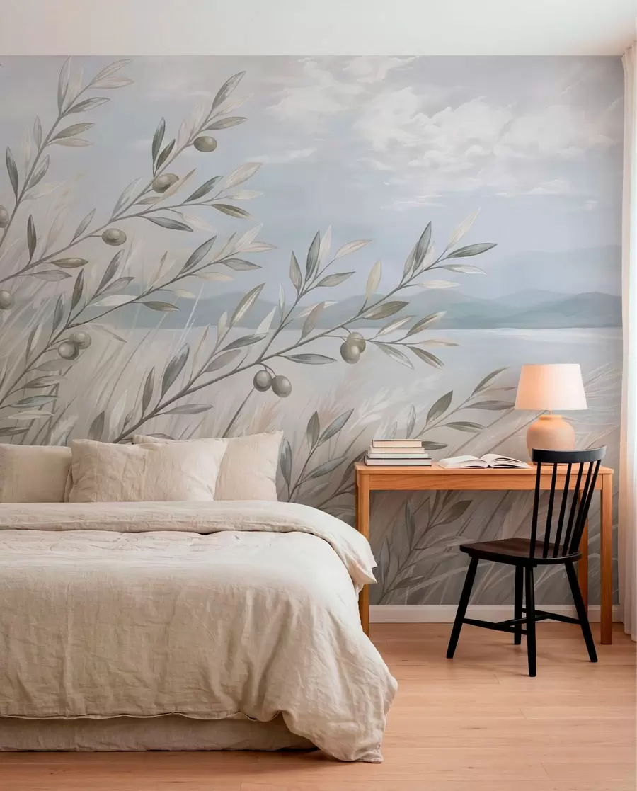 wall murals Маслинове гранчице међу травама поред језера w05536