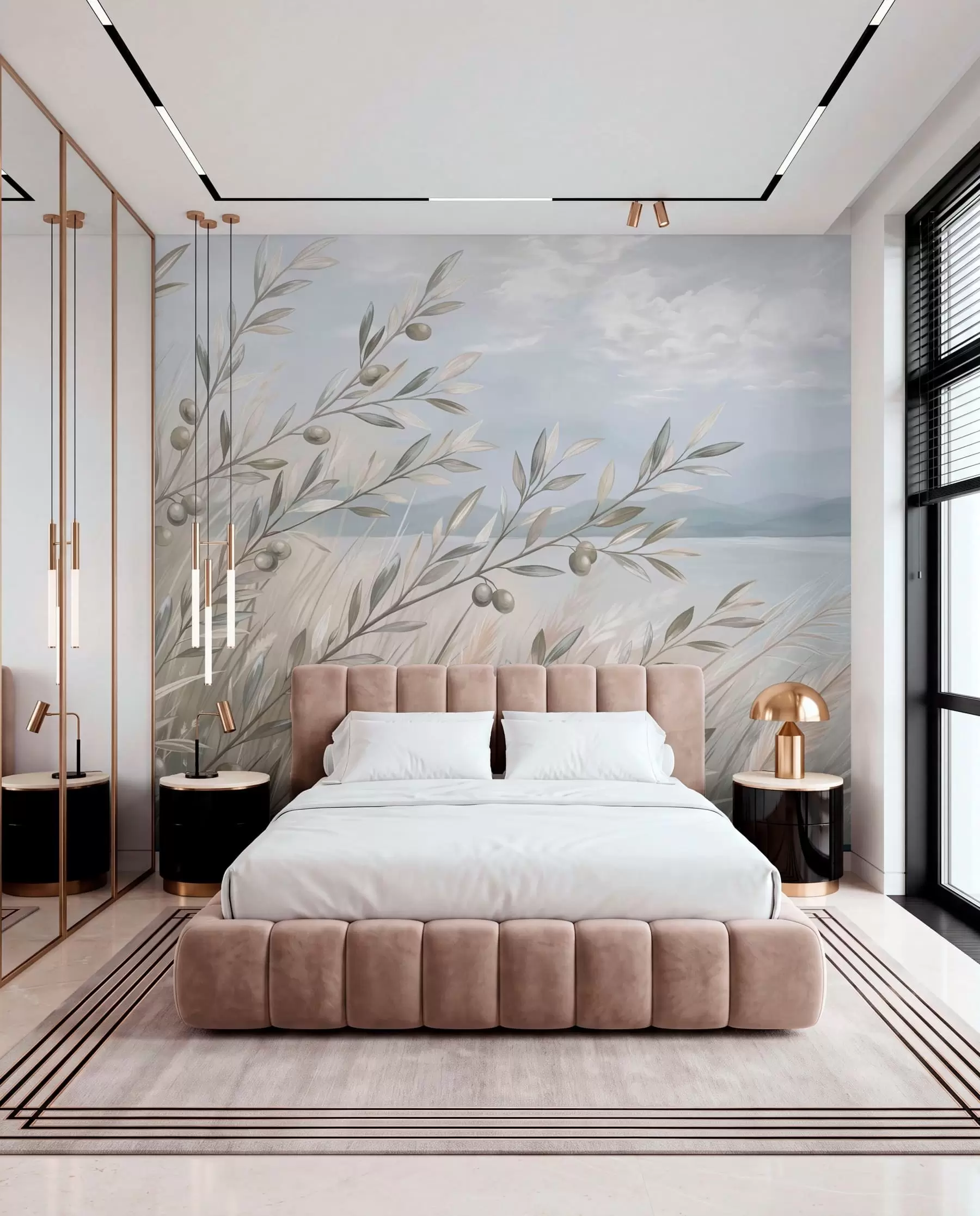 wall murals Маслинове гранчице међу травама поред језера w05536