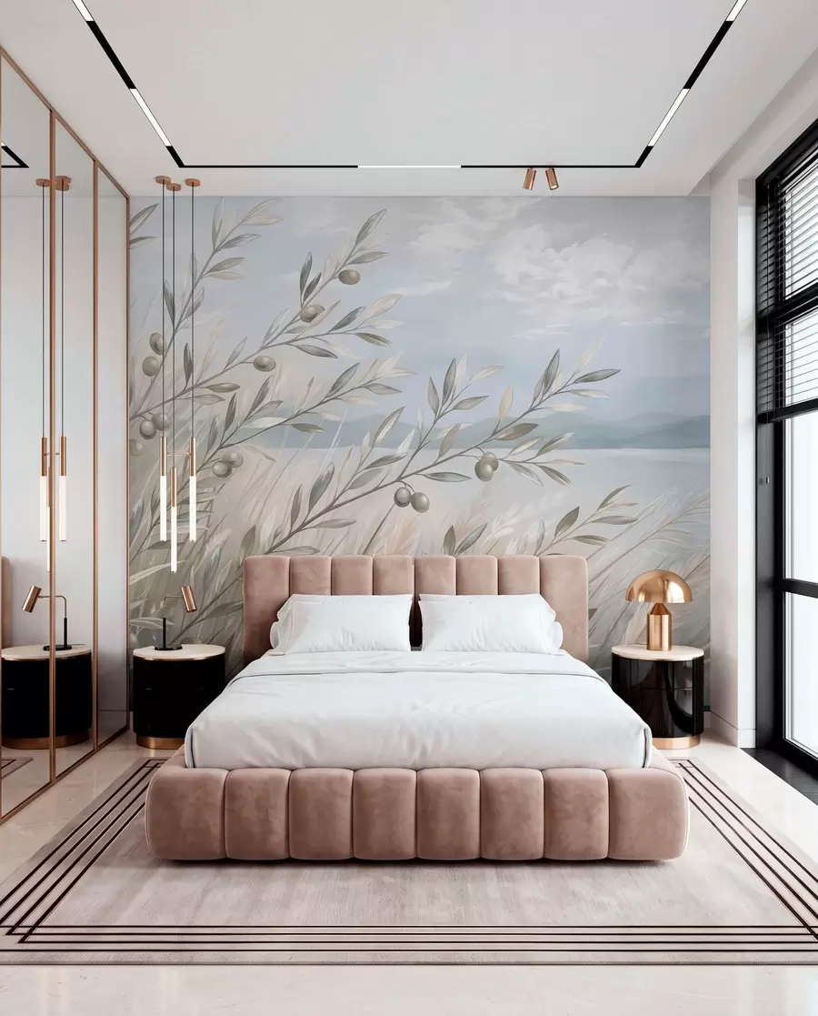 wall murals Маслинове гранчице међу травама поред језера w05536