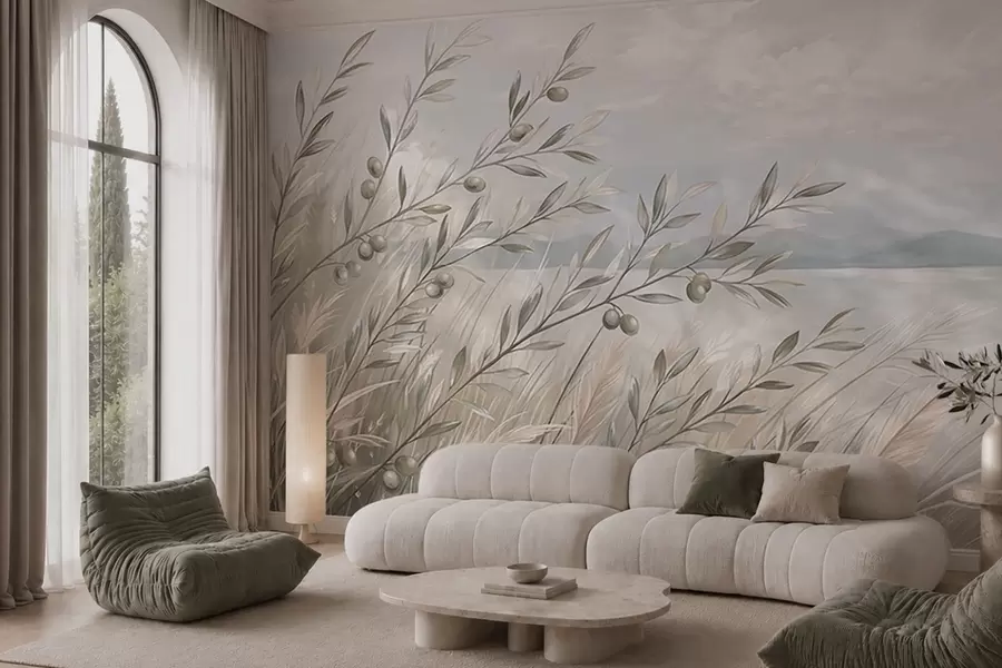 wall murals Маслинове гранчице међу травама поред језера w05536