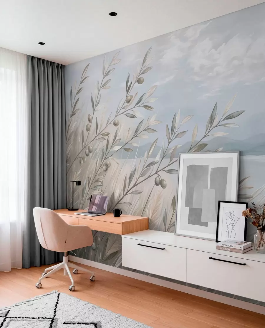 wall murals Маслинове гранчице међу травама поред језера w05536