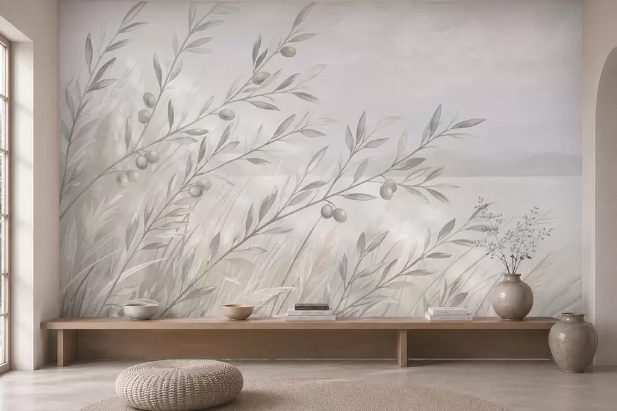 wall murals Бледе маслинове гранчице поред мирног језера w05536v1