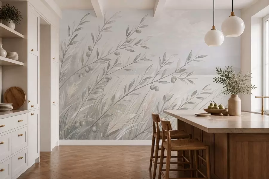 wall murals Бледе маслинове гранчице поред мирног језера w05536v1