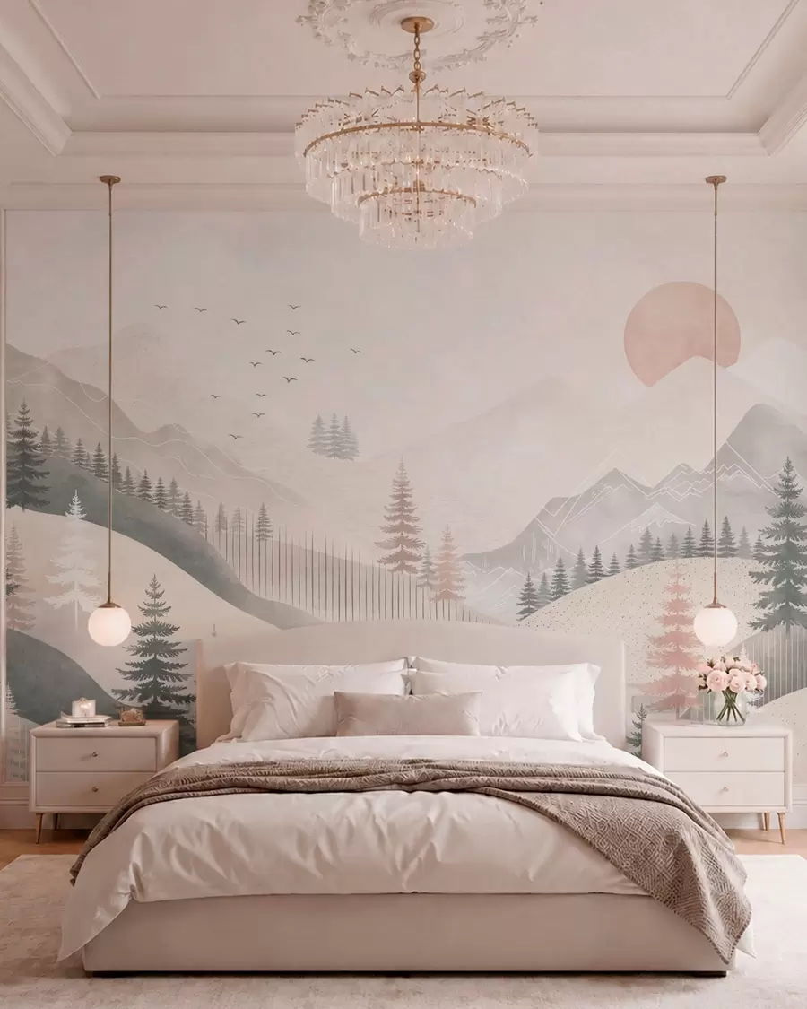 wall murals Минимални планински пејзаж са боровима w05626