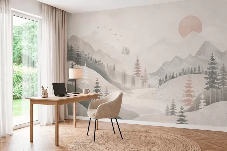 wall murals Минимални планински пејзаж са боровима w05626