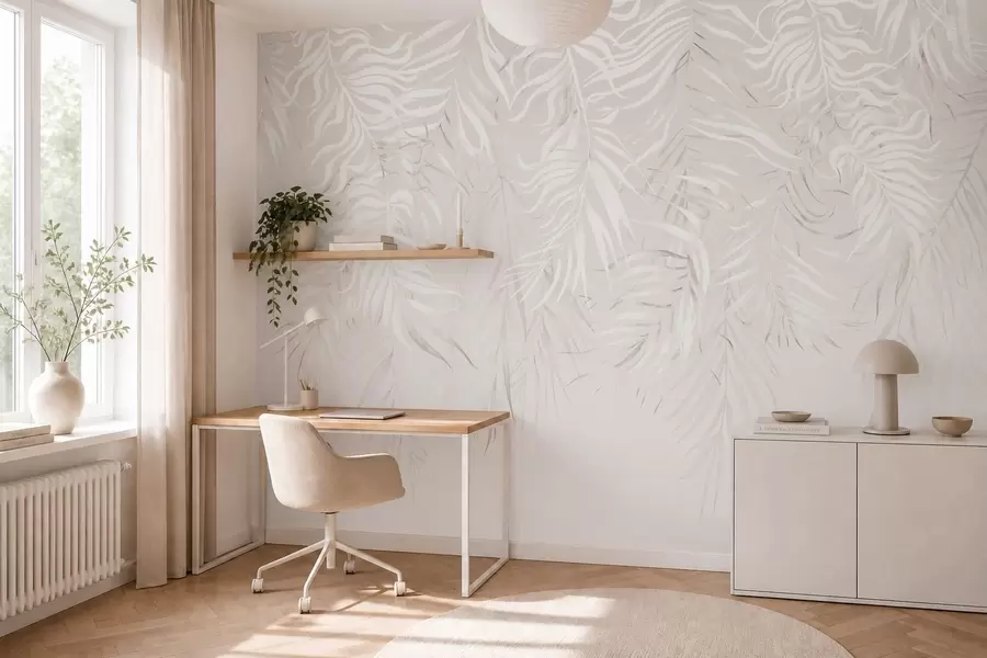 wall murals Бело тропско лишће на светлој позадини w05627v1