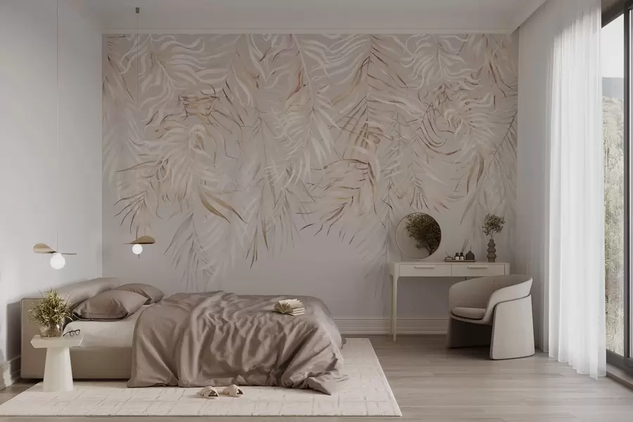 wall murals Светло тропско лишће на беж позадини w05627v2