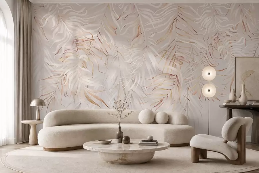 wall murals Светло тропско лишће на беж позадини w05627v2