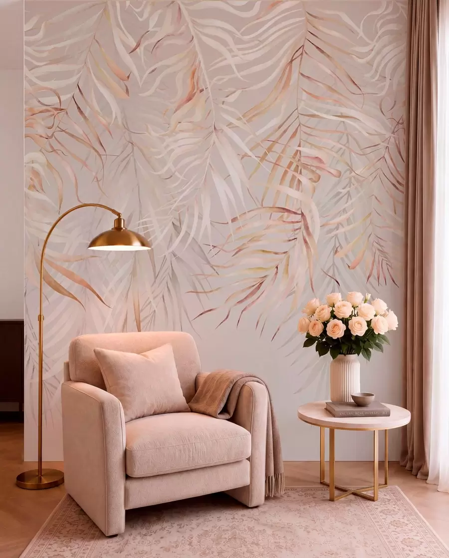 wall murals Светло тропско лишће на беж позадини w05627v2