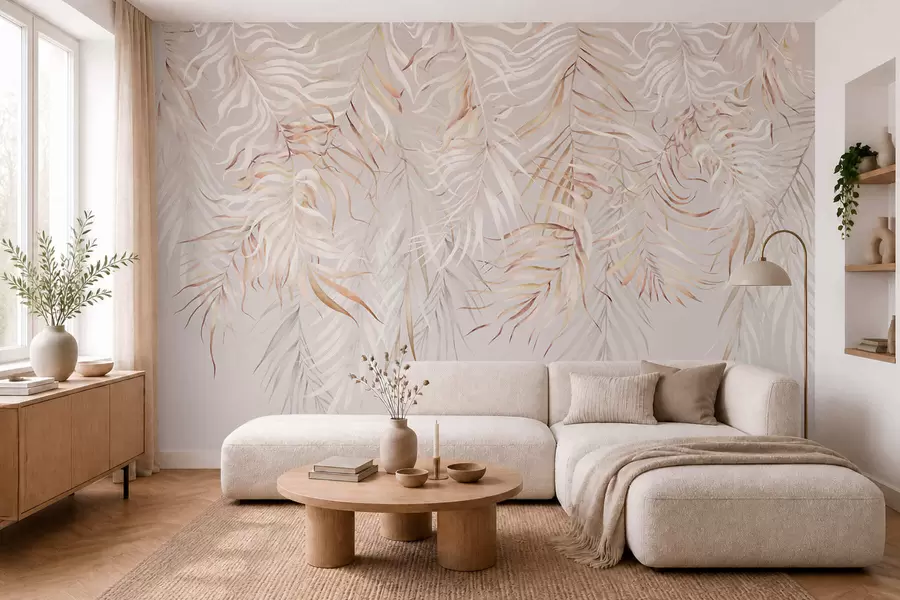 wall murals Светло тропско лишће на беж позадини w05627v2