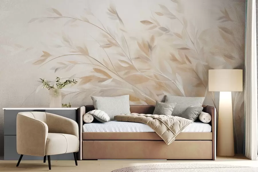 wall murals Текстуриране стабљике траве са лишћем, које се нежно њишу на мекој, пригушеној позадини w09752