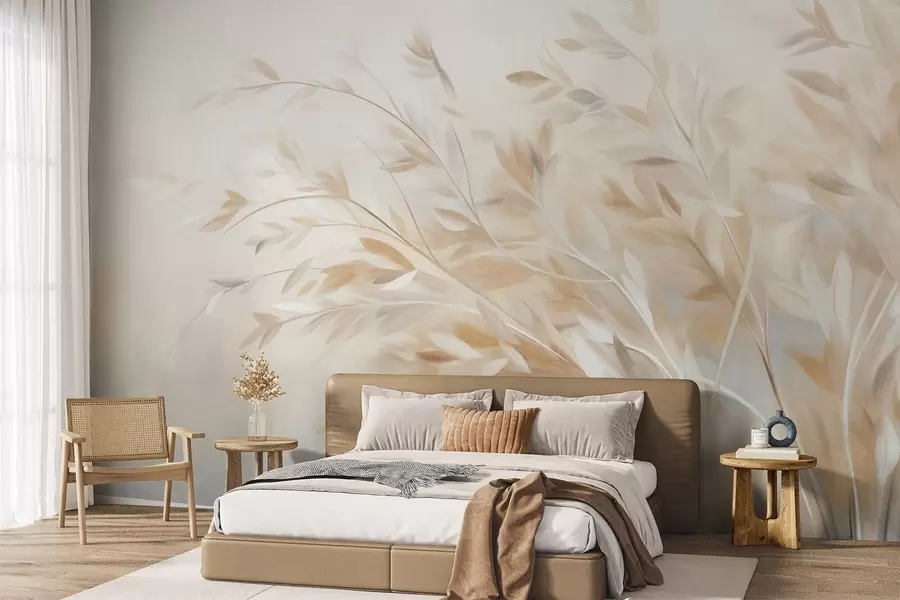 wall murals Текстуриране стабљике траве са лишћем, које се нежно њишу на мекој, пригушеној позадини w09752