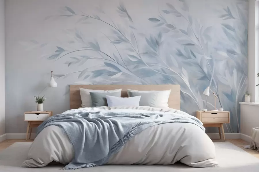 wall murals Текстуриране стабљике траве са лишћем, које се нежно њишу на мекој, пригушеној позадини w09752v1