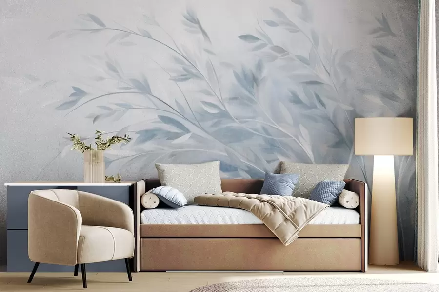 wall murals Текстуриране стабљике траве са лишћем, које се нежно њишу на мекој, пригушеној позадини w09752v1