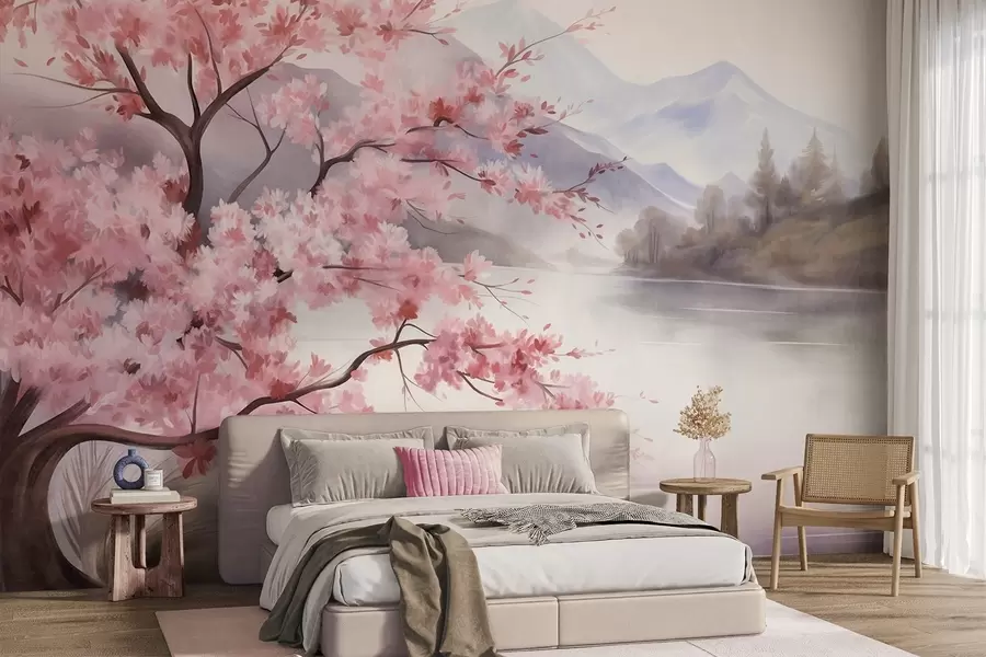 wall murals Пејзажна уметност, дрво са ружичастим цветовима, језеро и магловите планине у позадини w09870