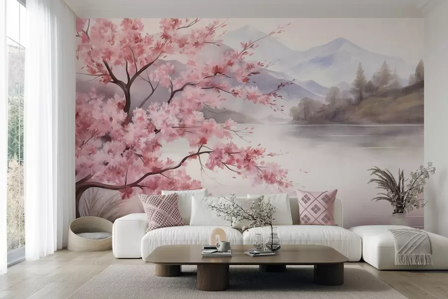 wall murals Пејзажна уметност, дрво са ружичастим цветовима, језеро и магловите планине у позадини w09870