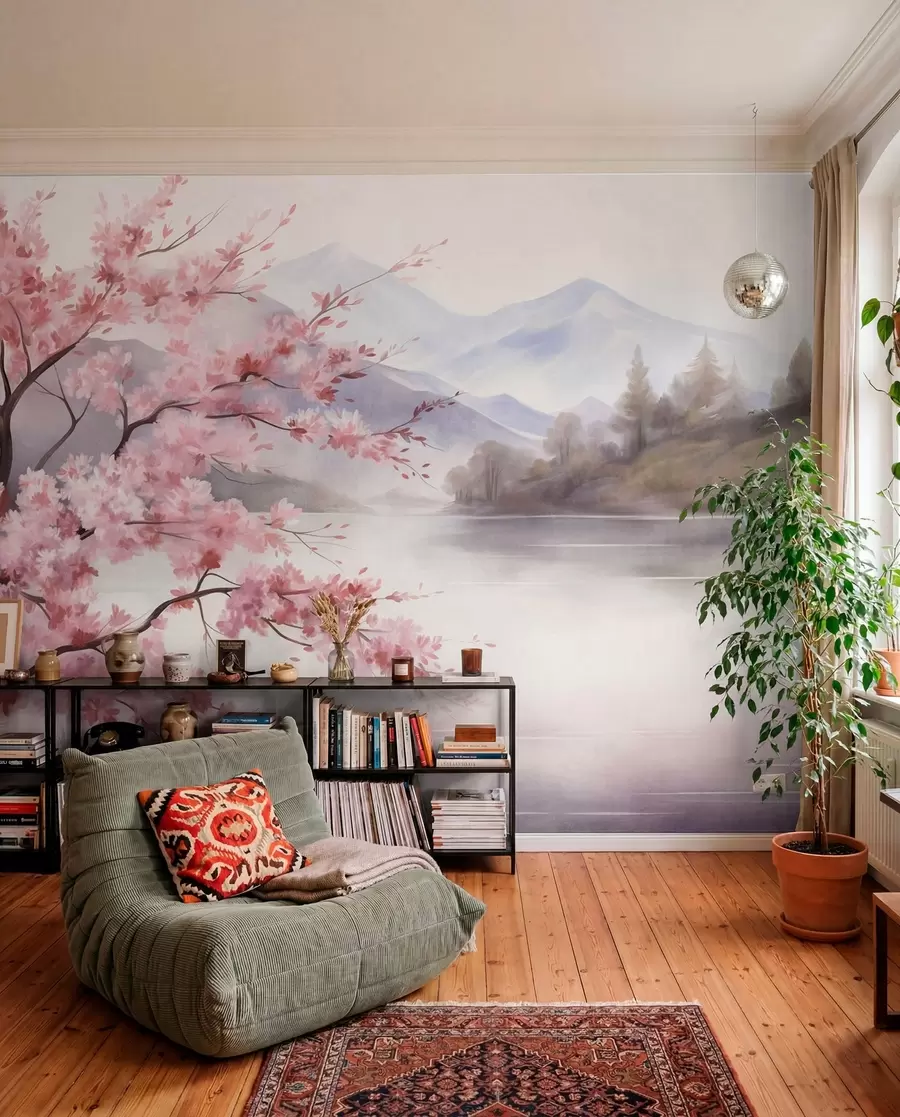 wall murals Пејзажна уметност, дрво са ружичастим цветовима, језеро и магловите планине у позадини w09870