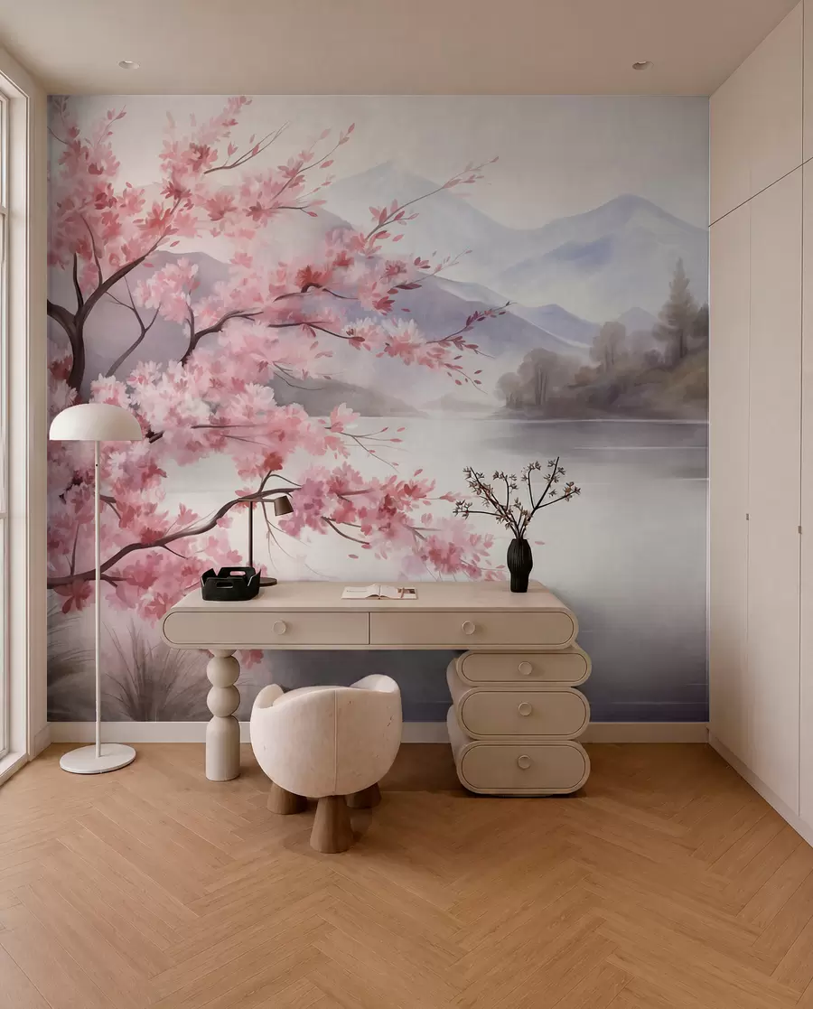 wall murals Пејзажна уметност, дрво са ружичастим цветовима, језеро и магловите планине у позадини w09870