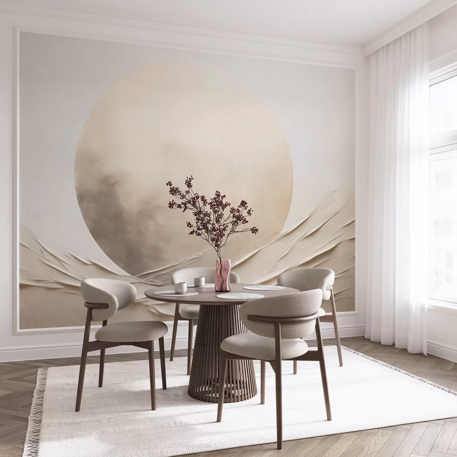 wall murals Апстрактни, таласасти, кремасти облици са великом, бледом сфером, минималистичка модерна уметност w09895