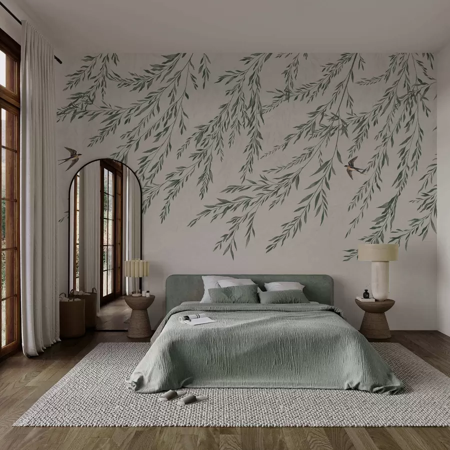 wall murals Зелене гране и птице на светлој позадини w05630