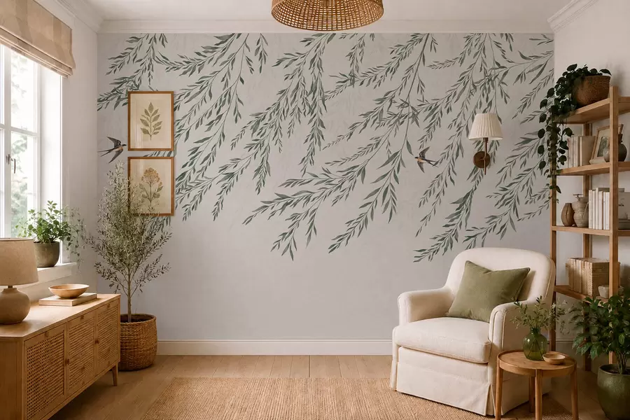 wall murals Зелене гране и птице на светлој позадини w05630