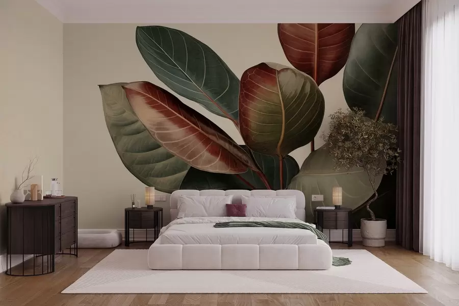 wall murals Текстурирани велики, шарени листови у нијансама зелене, црвене и браон боје на светлој позадини w09891