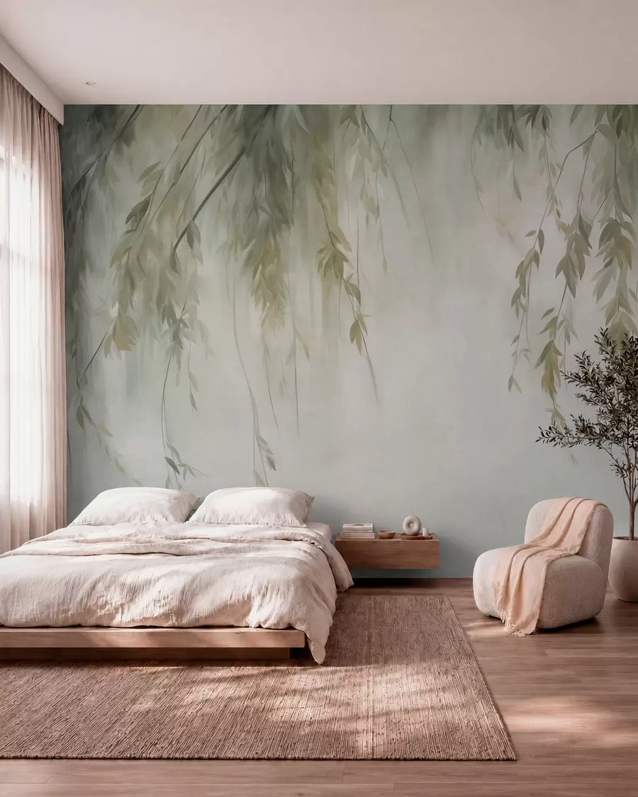 wall murals Гране врбе са бледозеленим листовима које висе на пригушеној позадини у акварелном стилу w09893