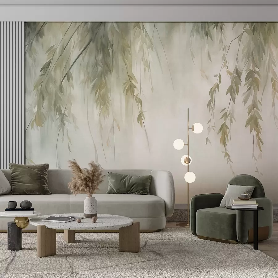 wall murals Гране врбе са бледозеленим листовима које висе на пригушеној позадини у акварелном стилу w09893