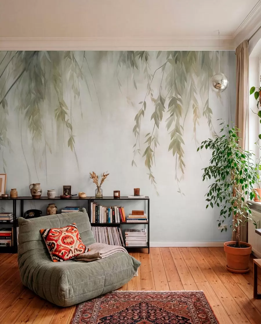 wall murals Гране врбе са бледозеленим листовима које висе на пригушеној позадини у акварелном стилу w09893