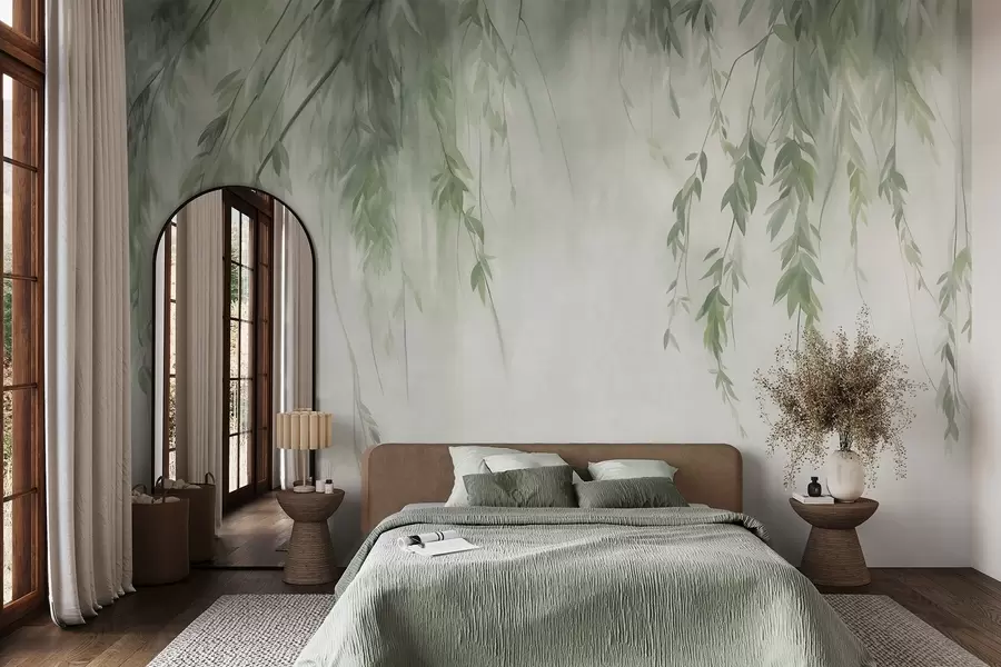 wall murals Гране врбе са бледозеленим листовима које висе на пригушеној позадини у акварелном стилу w09893v1