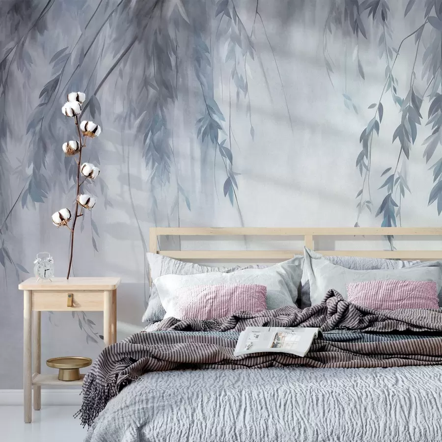wall murals Гране врбе са бледоплавим листовима које висе на пригушеној позадини у акварелном стилу w09893v2
